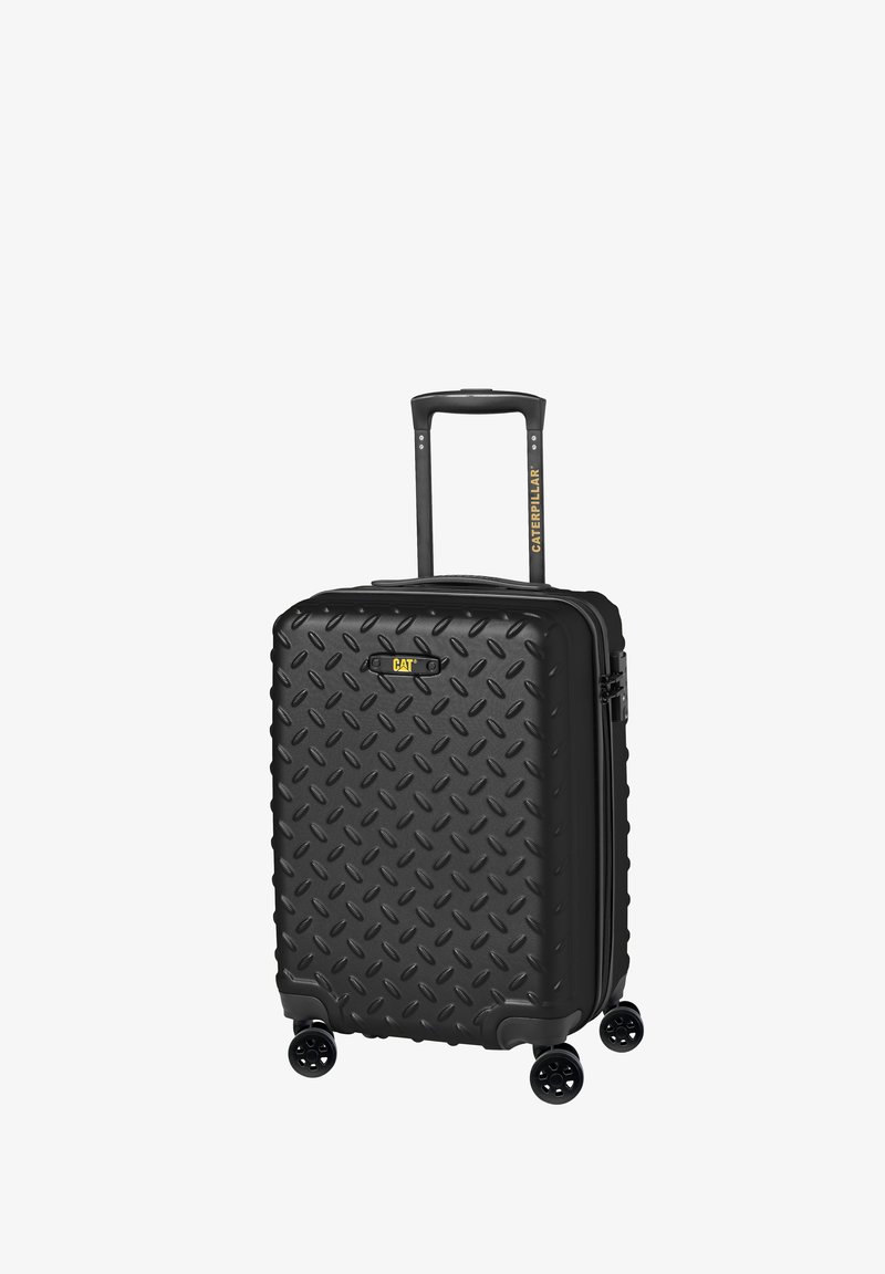 Valise de voyage rigide noire avec un motif en diamant, poignée extensible et quatre roulettes pivotantes pour une mobilité facile.