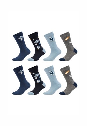 Quattro coppie di calze a compressione con design a tema spaziale: astronauta, razzo, pianeti e meteora in colori blu, blu navy, azzurro e grigio.