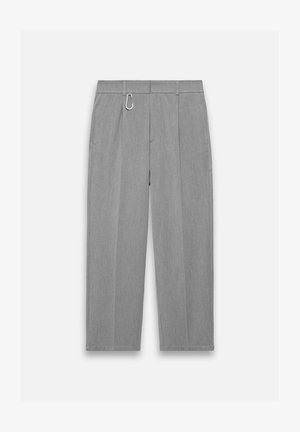 Pantaloni gri plisati, fabricați dintr-un material texturat. Prezintă un carabină pe talie și buzunare frontale pentru depozitare.