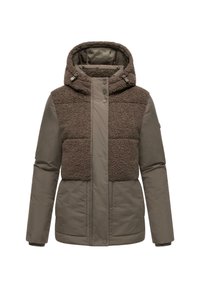 Bruine hoodie-jack met een zachte, textuurrijke fleece bovenpaneel en een glad onderpaneel. Heeft drukknoopsluitingen en een gestroomlijnd ontwerp.