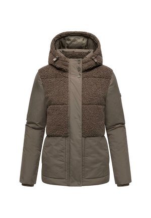 Brun hættejakke med et blødt, struktureret fleece-overpanel og et glat underpanel. Har trykknapper og et slankt design.