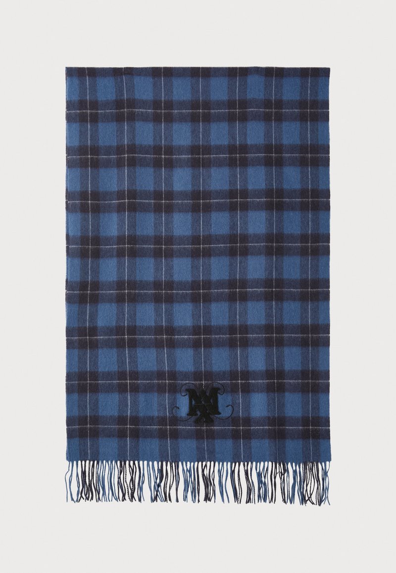 Écharpe à carreaux bleus et noirs en tissu doux, avec des bords frangés et un emblème brodé en bas.