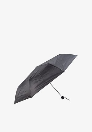 Ombrello pieghevole nero con un soffitto in tessuto impermeabile e liscio, un telaio metallico e un manico semplice per un facile trasporto.