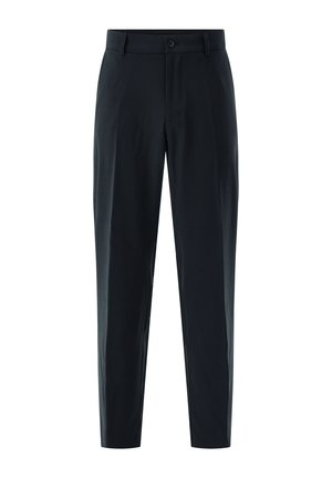 Black tailored men's trousers with front button and zip closure, belt loops, and straight leg cut.