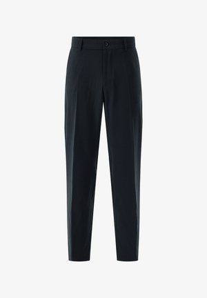 Black tailored men's trousers with front button and zip closure, belt loops, and straight leg cut.