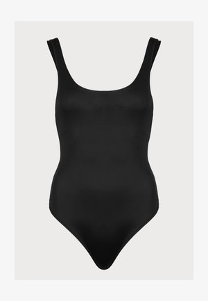 Costum de baie dintr-o singură piesă, negru, cu o textură mată și netedă; are bretele late, gât în formă de cerc și un design cu picioare înalte.