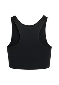 Svart sports-BH med brede skulderstropper og racerback-design, som gir full dekning og støtte.