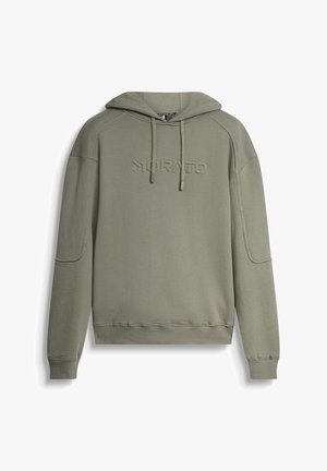 Olijfgroene hoodie van een textuurstof, met een kangoeroezak, trekkoordkap en een reliëflogo op de voorkant.