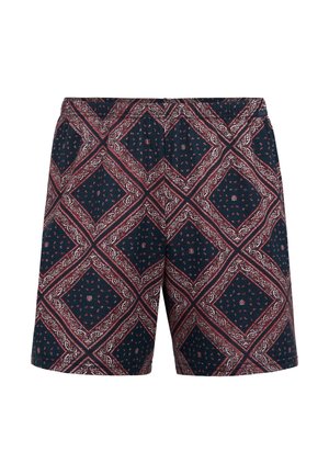 Herren Shorts in Marineblau mit einem rot-weißen Rauten-Paisley-Muster, ausgestattet mit einem elastischen Bund und einer weichen Stoffoberfläche.
