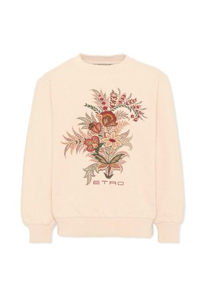 Sudadera crema con puños y dobladillo acanalados, con un diseño floral detallado en rojo y verde y el texto "ETRO" debajo de las flores.
