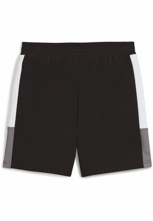 Pantaloni sportivi neri con cintura elastica, caratterizzati da pannelli laterali bianchi e grigi. Texture liscia, design alla lunghezza del ginocchio e senza hardware visibile.