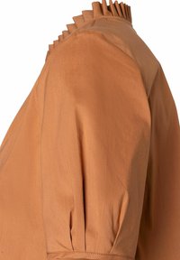 Blouse de couleur rouille à manches courtes, avec un col plissé et un subtil détail froncé aux épaules pour une texture supplémentaire.