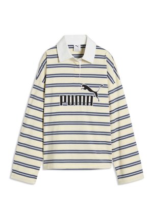 Rugbytrøje med lange ærmer med marineblå og creme vandrette striber, hvid krave og sort Puma-logo og tekst på brystet.