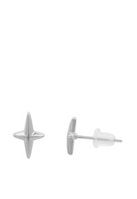 Orecchini a stud a forma di stella argentata con finitura lucida. Caratterizzati da un design appuntito e un retro in plastica sicuro per il massimo comfort.