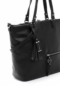 Schwarze Leder-Shopper-Tasche mit zwei Griffen, abnehmbarem Schultergurt, Reißverschlusstasche und Quaste. Glatte Textur, minimalistisches Design.