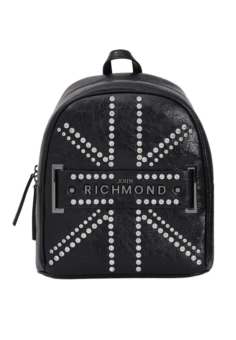 Zaino in ecopelle nera con un design a tema Union Jack borchiato, borchie argentate e una patch con logo frontale. Chiusura con zip e manico superiore.