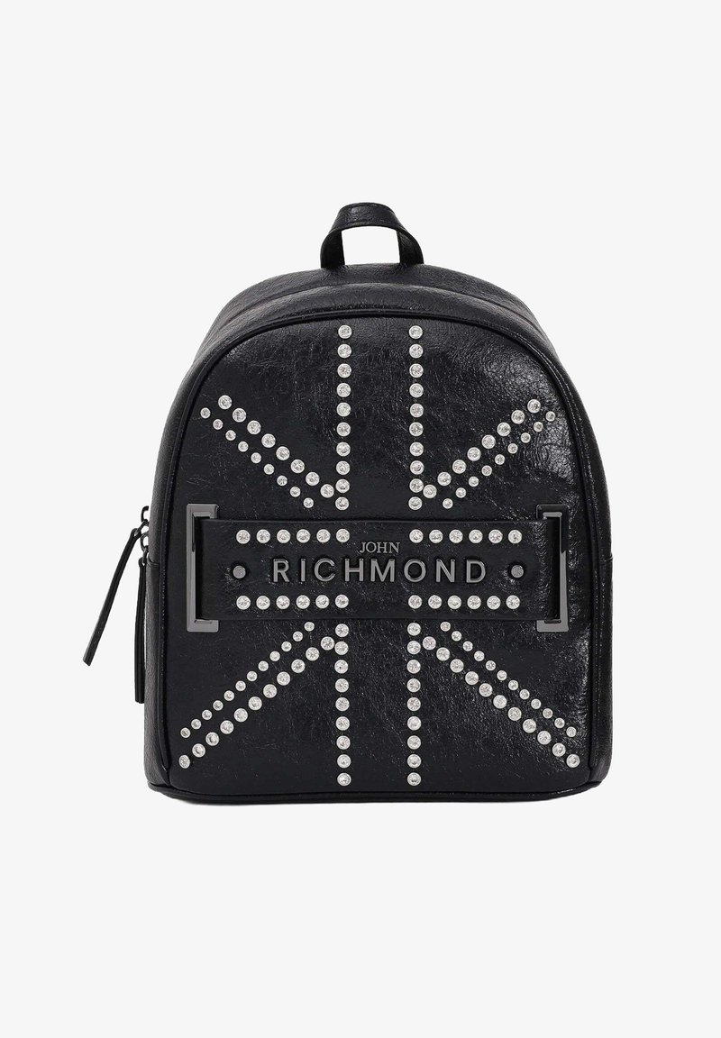 Zaino in ecopelle nera con un design a tema Union Jack borchiato, borchie argentate e una patch con logo frontale. Chiusura con zip e manico superiore.