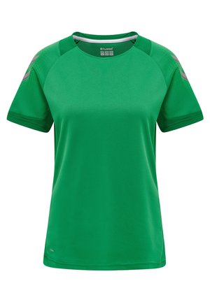 T-shirt de sport à manches courtes vert, avec un tissu texturé, un col arrondi et des détails accentués sur les épaules dans une teinte plus claire.