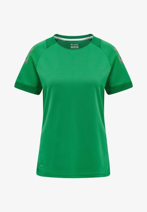 Zielona sportowa koszulka z krótkim rękawem, charakteryzująca się teksturowanym materiałem, okrągłym dekoltem oraz akcentami na ramionach w jaśniejszym odcieniu.