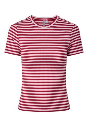 T-shirt à manches courtes en maille côtelée avec des rayures horizontales rouges et roses et un col rond.