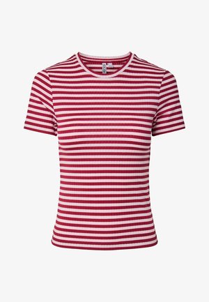 T-shirt à manches courtes en maille côtelée avec des rayures horizontales rouges et roses et un col rond.