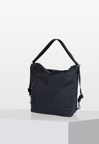 Borsa a spalla nera in nylon con finitura testurizzata, dotata di una singola tracolla, tasca frontale con zip e design minimalista.