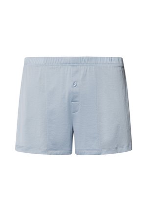 Lichtblauwe katoenen boxershorts met een elastische tailleband, voorzien van een knoopsluiting aan de voorkant en subtiele stikseldetails.