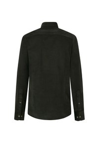 Camisa de pana verde oscuro, de manga larga, con puños abotonados y cuello spread, que presenta una textura suave y un diseño clásico de yugo trasero.