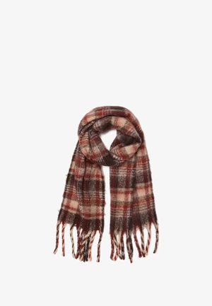 Karo-Schal in Rottönen, Braun und Creme, aus weichem Material mit fransigen Enden und einem lässigen, drapierten Design.