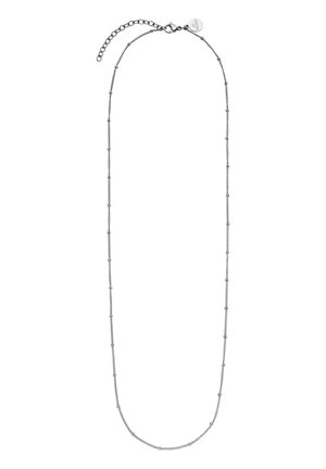 Delicate silver chain necklace with evenly spaced small beads and a lobster clasp with an adjustable extender chain.