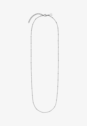 Feine Silberkettenhalskette mit gleichmäßig verteilten kleinen Perlen und einem Karabinerverschluss mit verstellbarer Verlängerungskette.