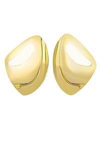 Pendientes de metal pulido de tono dorado que presentan una forma redondeada y ligeramente asimétrica con una superficie lisa y reflectante.