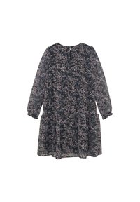 Blomsterkjole med lange, gennemsigtige ærmer, en mørk baggrund og et mønster af små lyserøde og blå blomster. Den har en lagdelt nederdel og lukning bagpå.
