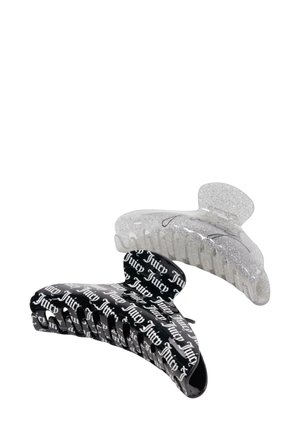 Due fermagli per capelli: uno trasparente con glitter, l'altro nero con la scritta bianca "Juicy". Entrambi hanno un grande design a morsa per una presa sicura.