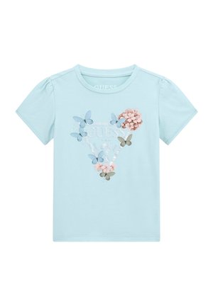 T-shirt di cotone azzurro chiaro con maniche a sbuffo, con stampe di fiori e farfalle in colori pastello e un design di logo a triangolo.
