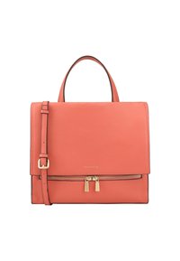 Koraalkleurige leren handtas met een gestructureerd ontwerp, verstelbare schouderriem en metallic gouden ritssluitingen. Voorzijde met een ritszak.