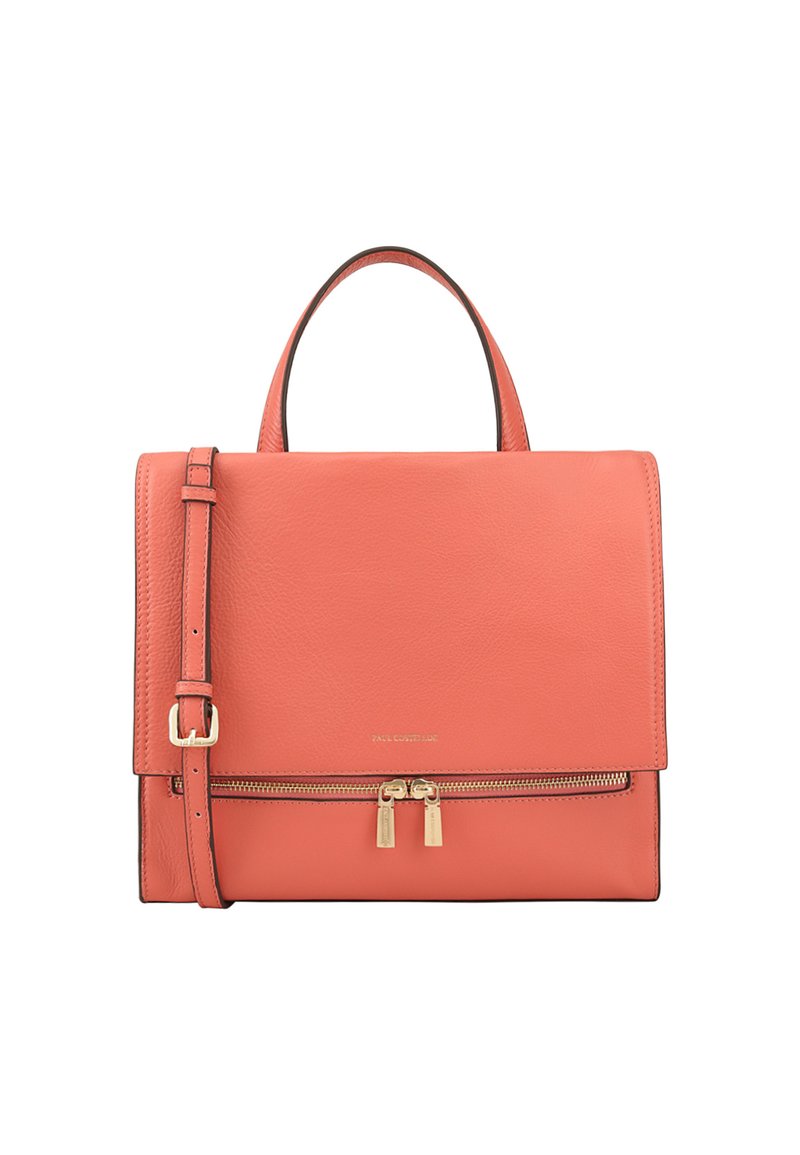 Koraalkleurige leren handtas met een gestructureerd ontwerp, verstelbare schouderriem en metallic gouden ritssluitingen. Voorzijde met een ritszak.