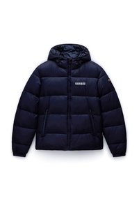Mørkeblå dynejakke med hætte, der har quiltet design, lynlås foran og to sidelommer med lynlås. Logo på brystet.