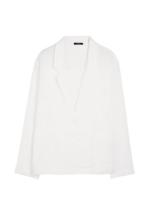 Biały lniany blezer z klapami, dwoma przednimi kieszeniami i trzema guzikami. Lekka i lekko teksturowana tkanina.