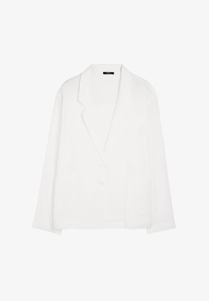 Biały lniany blezer z klapami, dwoma przednimi kieszeniami i trzema guzikami. Lekka i lekko teksturowana tkanina.