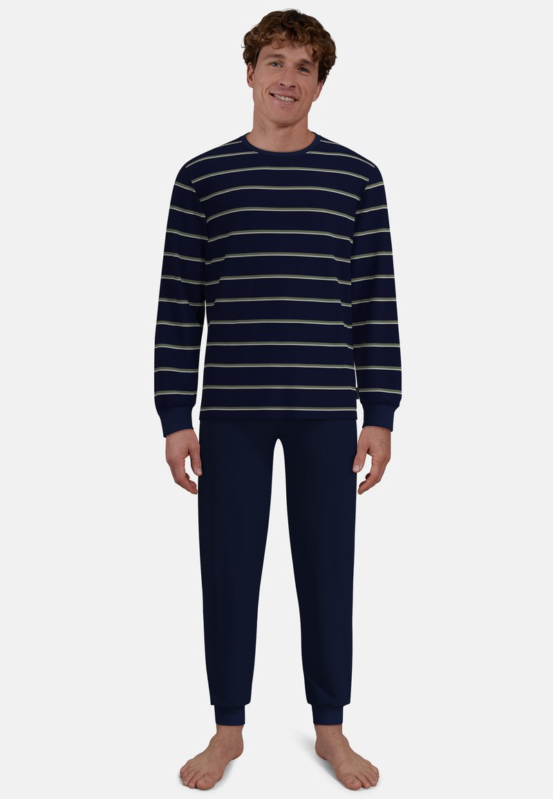 Navy striped pajama set, with long-sleeve top featuring light gray stripes and matching solid navy pants, made from soft fabric.