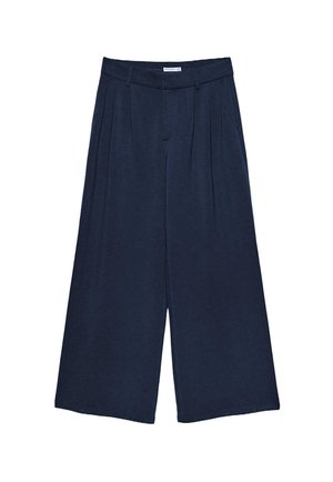 Pantaloni cropped a gamba larga blu navy con pieghe, passanti per cintura e chiusura frontale nascosta, mostrati su sfondo bianco.