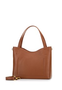 Bruine leren tote bag met een gestructureerd oppervlak, twee handvatten, een afneembare schouderband en een voorvak. Gladde, gebogen bovenrand.