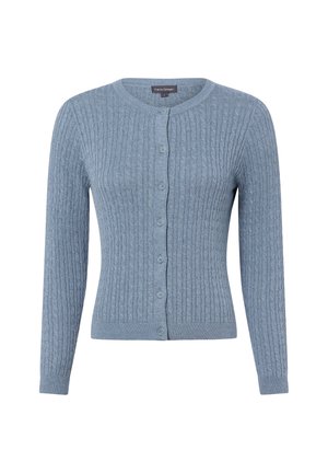 Cardigan bleu clair en maille torsadée à manches longues avec des boutons sur le devant et un col rond.
