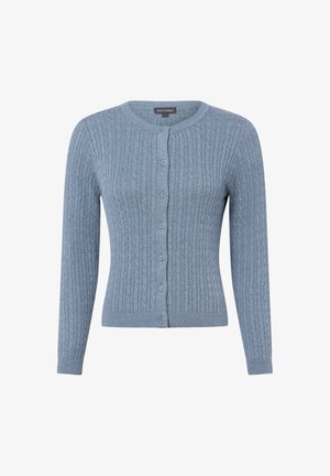 Cardigan bleu clair en maille torsadée à manches longues avec des boutons sur le devant et un col rond.