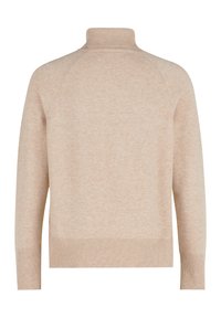 Beige Pullover mit hohem Kragen, der eine strukturierte Strickart, gerippte Bündchen und Saum aufweist. Die Rückansicht zeigt ein nahtloses Design mit Raglanärmel.