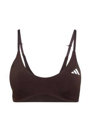 Sujetador deportivo negro con tirantes finos ajustables y un logo blanco de Adidas en la parte superior izquierda, mostrado sobre un fondo blanco.