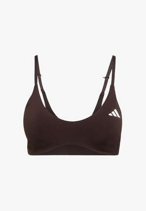 Czarny sportowy biustonosz z regulowanymi cienkimi ramiączkami i białym logo Adidas po lewej górnej stronie, przedstawiony na białym tle.