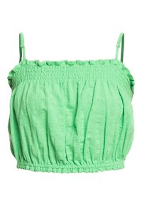 Vihreä lyhyt toppi ohuilla olkaimilla, jossa on smock-tekstuuri ja ryppyinen muotoilu. Kevyt, hengittävä kangas, jossa on rento istuvuus.