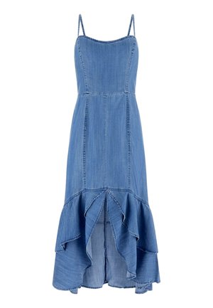 Modra denim brezrokavnik obleka s tankimi naramnicami, oprijetim zgornjim delom in nabrano asimetrično robom.